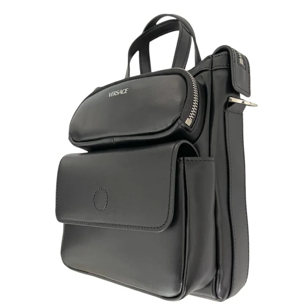Versace Black Men's Leather multi-compartment messenger‎ shoulder bag 1012234